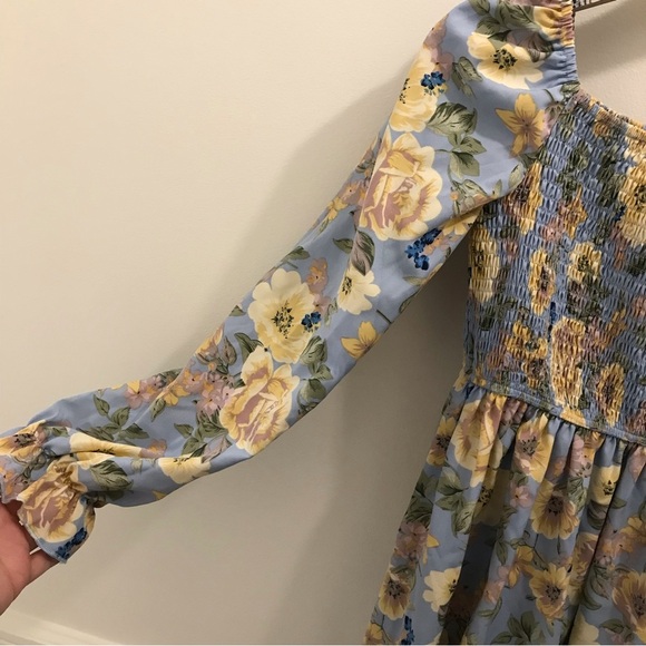 NWT HL Affair Floral Mini Dress Small blue yellow smocked long sleeve - Picture 5 of 12